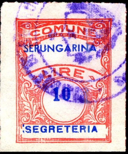 Marca da Bollo del Comune di SERRUNGARINA su Carta Bianca Sottile di dimensioni 22,5 x 29 mm