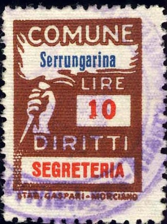 Marca da Bollo del Comune di SERRUNGARINA su Carta Bianca Sottile di dimensioni 18,5 x 26 mm