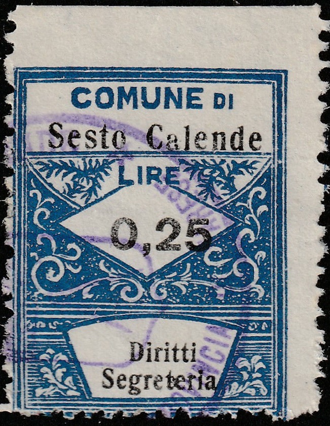 Marca da Bollo del Comune di SESTO CALENDE su Carta Bianca di dimensioni 21 X 27 mm