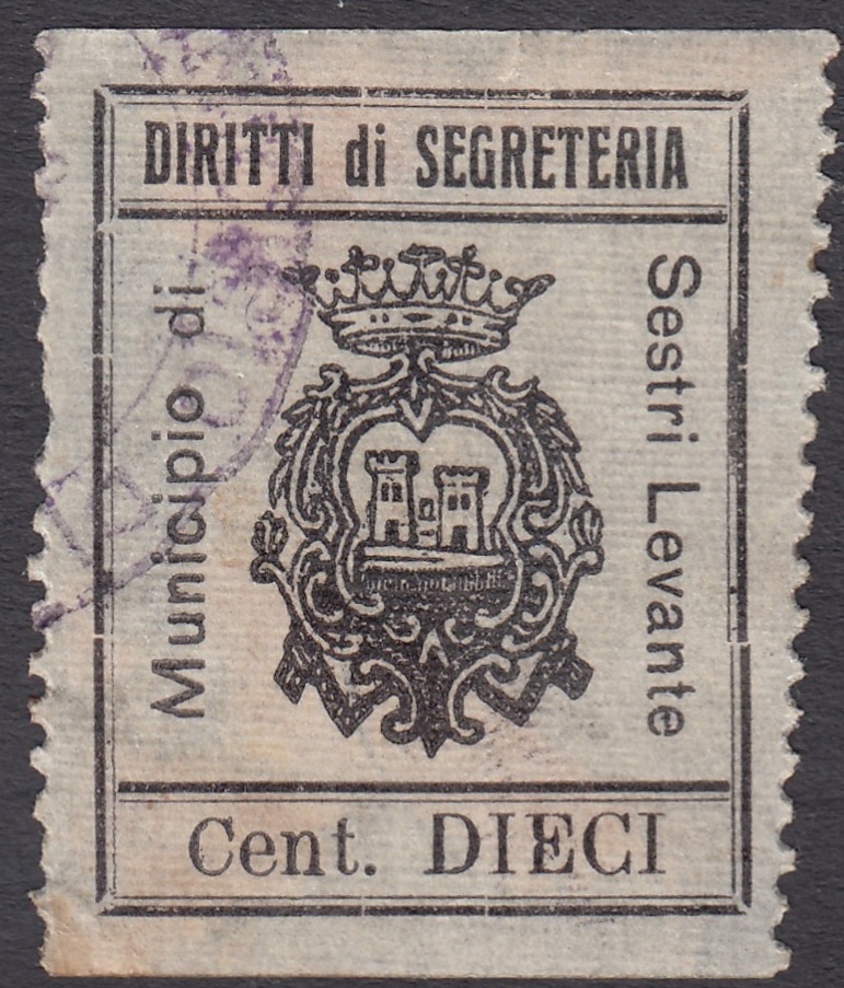 Marca da Bollo del Comune di SESTRI LEVANTE su Carta Bianca Sottile di dimensioni 22,5 x 29,5 mm