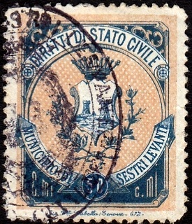 Marca da Bollo del Comune di SESTRI LEVANTE su Carta Bianca di dimensioni 25,5 x 32,5 mm