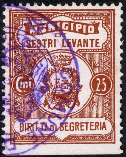 Marca da Bollo del Comune di SESTRI LEVANTE su Carta Bianca Sottile di dimensioni 23,5 x 30 mm