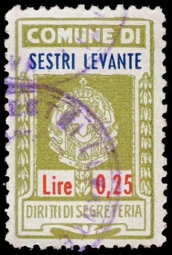 Marca da Bollo del Comune di SESTRI LEVANTE su Carta Bianca di dimensioni 17 x 28 mm