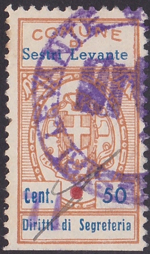 Marca da Bollo del Comune di SESTRI LEVANTE su Carta Bianca di dimensioni 17,5 x 32,5 mm