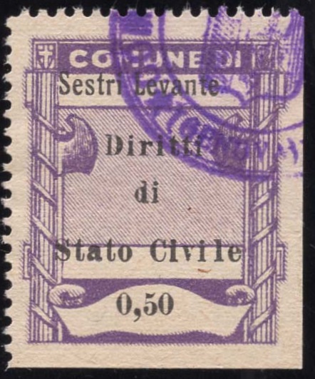 Marca da Bollo del Comune di SESTRI LEVANTE su Carta Bianca di dimensioni 21 X 27 mm