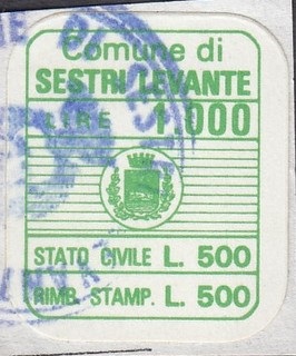 Marca da Bollo del Comune di SESTRI LEVANTE su Carta Bianca di dimensioni 18 x 22 mm