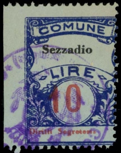 Marca da Bollo del Comune di SEZZADIO su Carta Colorata di dimensioni 22 x 29 mm