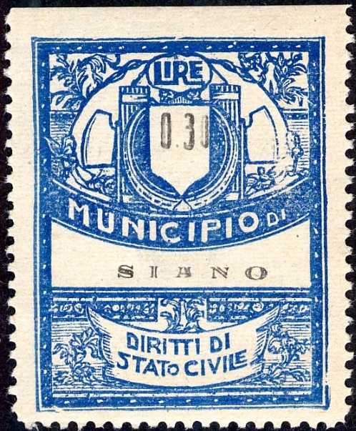 Marca da Bollo del Comune di SIANO su Carta Bianca di dimensioni 22 x 28,5 mm