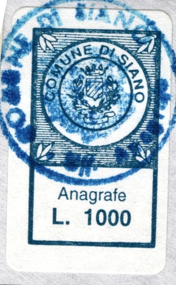 Marca da Bollo del Comune di SIANO su Carta Bianca di dimensioni 15 x 22 mm