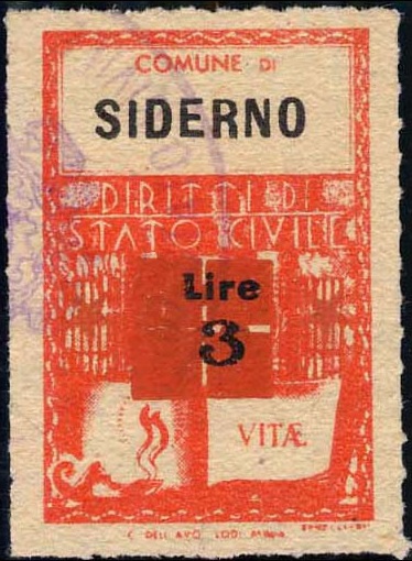 Marca da Bollo del Comune di SIDERNO su Carta Bianca Sottile di dimensioni 21 x 28 mm