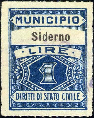 Marca da Bollo del Comune di SIDERNO su Carta Bianca Sottile di dimensioni 22,5 x 29 mm