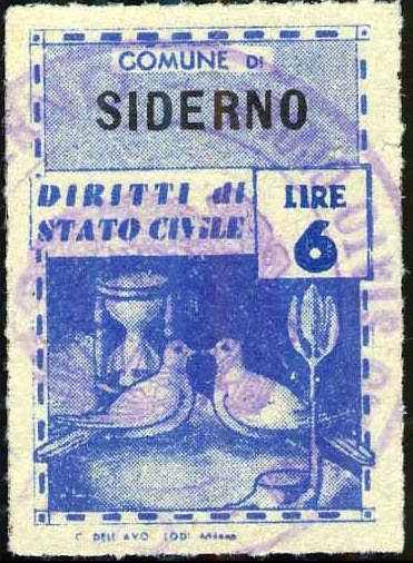 Marca da Bollo del Comune di SIDERNO su Carta Bianca di dimensioni 21 X 32 mm