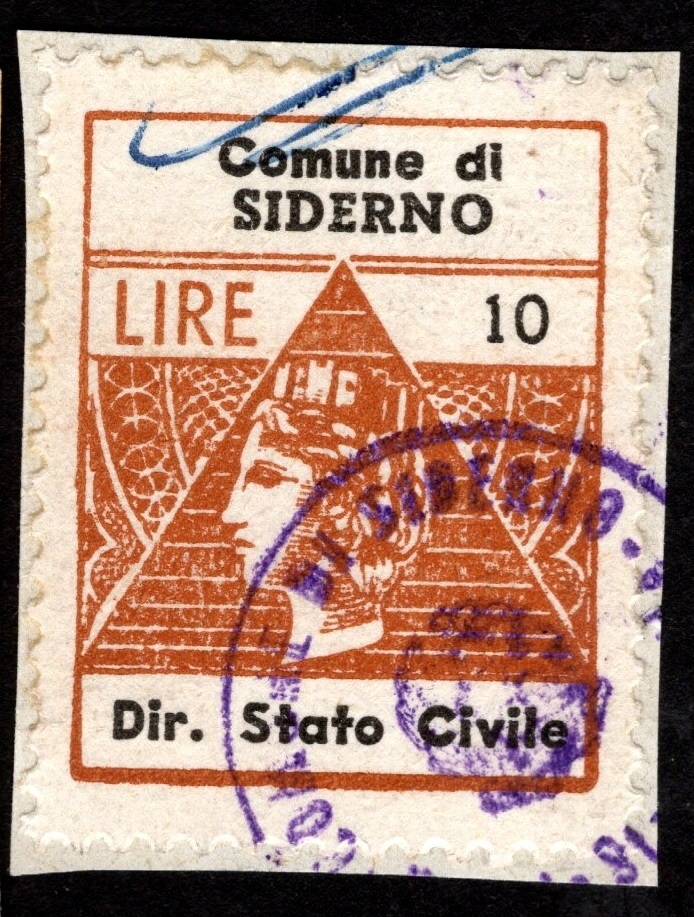 Marca da Bollo del Comune di SIDERNO su Carta Bianca Sottile di dimensioni 18,5 x 25 mm