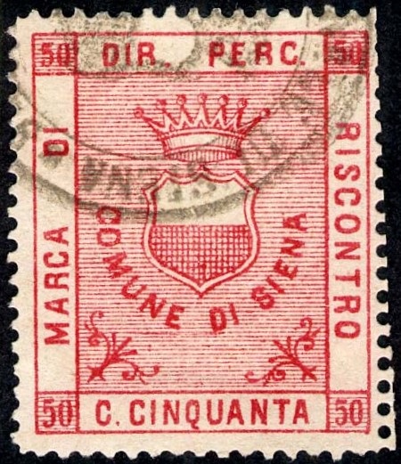 Marca da Bollo del Comune di SIENA su Carta Bianca Sottile di dimensioni 25,5 x 30,5 mm