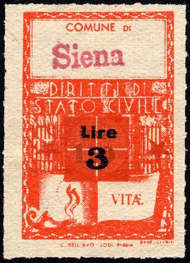 Marca da Bollo del Comune di SIENA su Carta Bianca Sottile di dimensioni 21,5 x 32,5 mm
