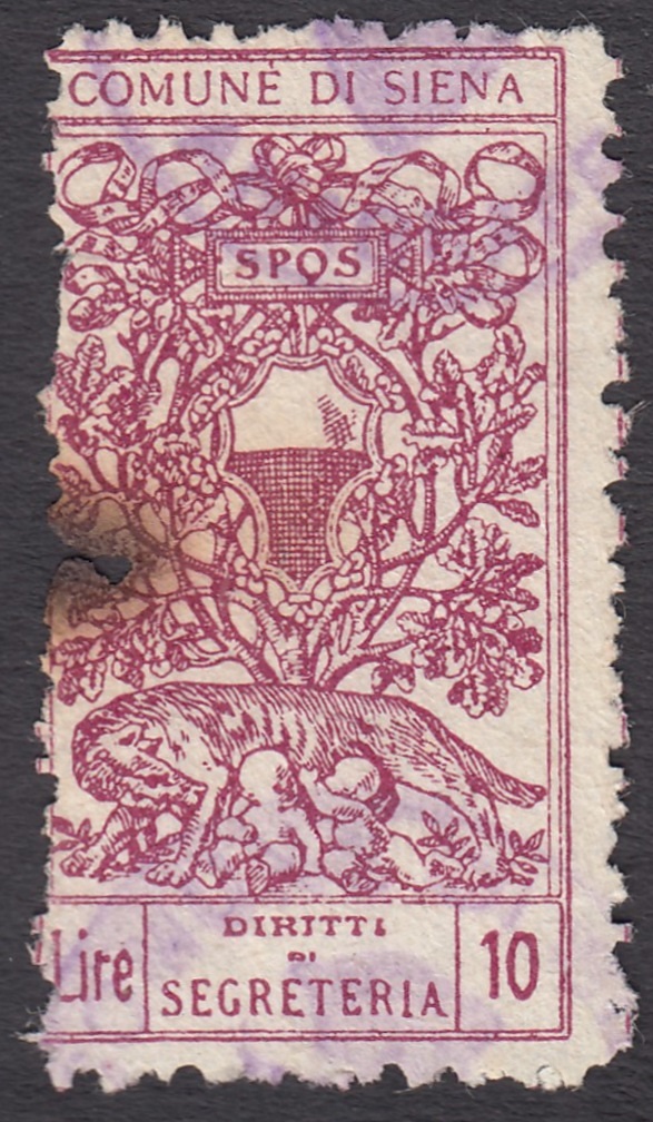Marca da Bollo del Comune di SIENA su Carta Bianca Sottile di dimensioni 19 x 35 mm