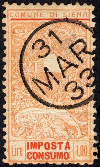 Marca da Bollo del Comune di SIENA su Carta Bianca di dimensioni 18,5 x 34 mm