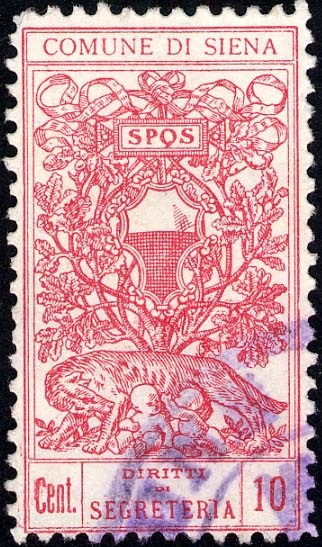Marca da Bollo del Comune di SIENA su Carta Bianca di dimensioni 18,5 x 34 mm