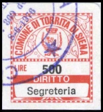 Marca da Bollo del Comune di SIENA su Carta Bianca di dimensioni 19 x 21 mm