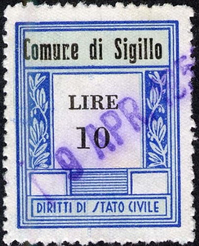 Marca da Bollo del Comune di SIGILLO su Carta Bianca Sottile di dimensioni 23 X 30 mm