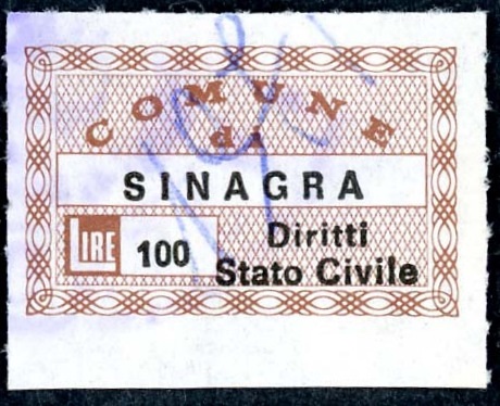 Marca da Bollo del Comune di SINAGRA su Carta Bianca Sottile di dimensioni 27 x 16,5 mm