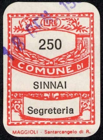 Marca da Bollo del Comune di SINNAI su Carta Bianca di dimensioni 20,5 x 28,5 mm