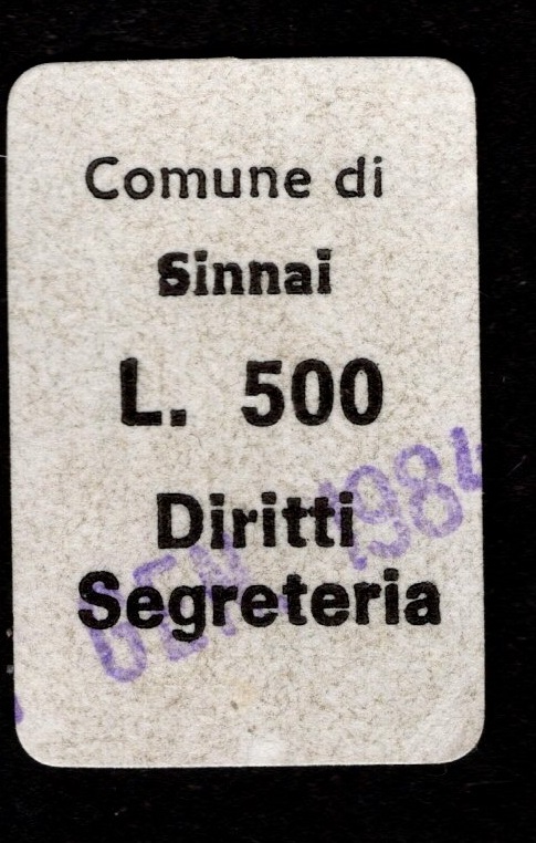 Marca da Bollo del Comune di SINNAI su Carta Bianca di dimensioni 20,5 x 28,5 mm