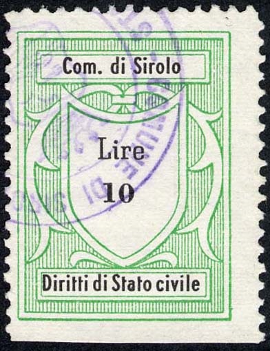 Marca da Bollo del Comune di SIROLO su Carta Bianca di dimensioni 21,5 x 29 mm