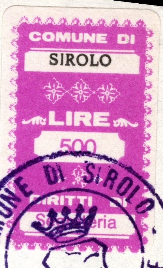 Marca da Bollo del Comune di SIROLO su Carta Bianca di dimensioni 19,5 x 32 mm