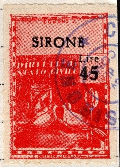 Marca da Bollo del Comune di SIRONE su Carta Bianca di dimensioni 22,5 X 33 mm