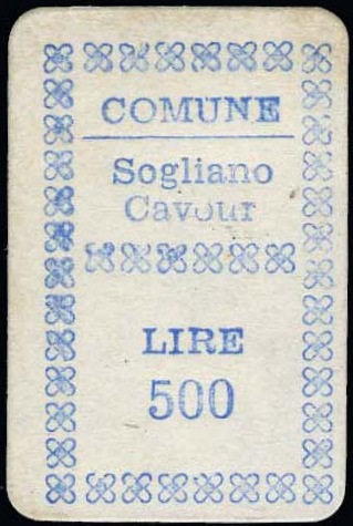 Marca da Bollo del Comune di SOGLIANO CAVOUR su Carta Bianca di dimensioni 18 x 29 mm