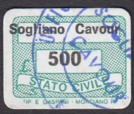 Marca da Bollo del Comune di SOGLIANO CAVOUR su Carta Bianca di dimensioni 19 x 14 mm