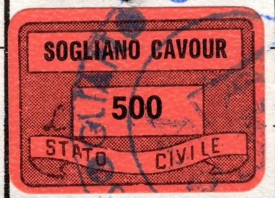 Marca da Bollo del Comune di SOGLIANO CAVOUR su Carta Colorata di dimensioni 19 x 14 mm