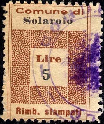 Marca da Bollo del Comune di SOLAROLO su Carta Bianca di dimensioni 19,5 x 28,5 mm