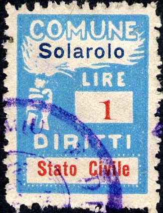 Marca da Bollo del Comune di SOLAROLO su Carta Bianca di dimensioni 18,5 x 26 mm