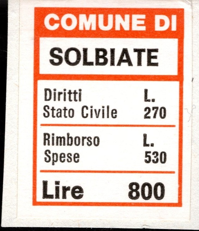 Marca da Bollo del Comune di SOLBIATE su Carta Bianca di dimensioni 21,5 x 30 mm