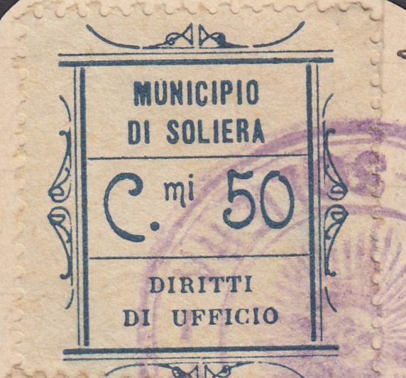 Marca da Bollo del Comune di SOLIERA su Carta Bianca di dimensioni 25 x 30 mm