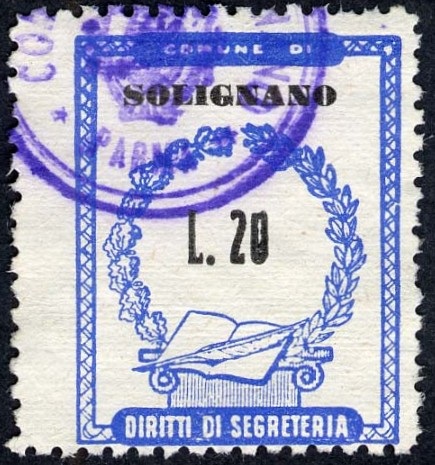 Marca da Bollo del Comune di SOLIGNANO su Carta Bianca di dimensioni 20,5 x 26,5 mm