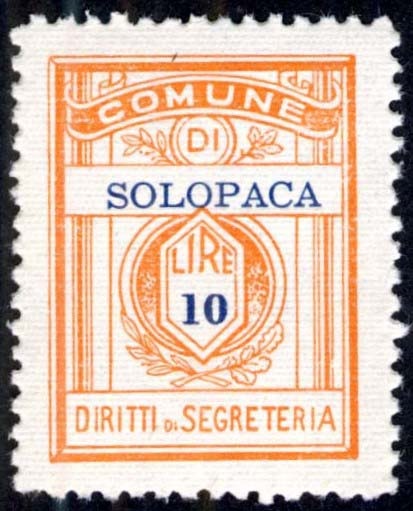 Marca da Bollo del Comune di SOLOPACA su Carta Bianca Sottile di dimensioni 20 x 27,5 mm