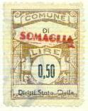 Marca da Bollo del Comune di SOMAGLIA su Carta Bianca Sottile di dimensioni 22 x 29 mm