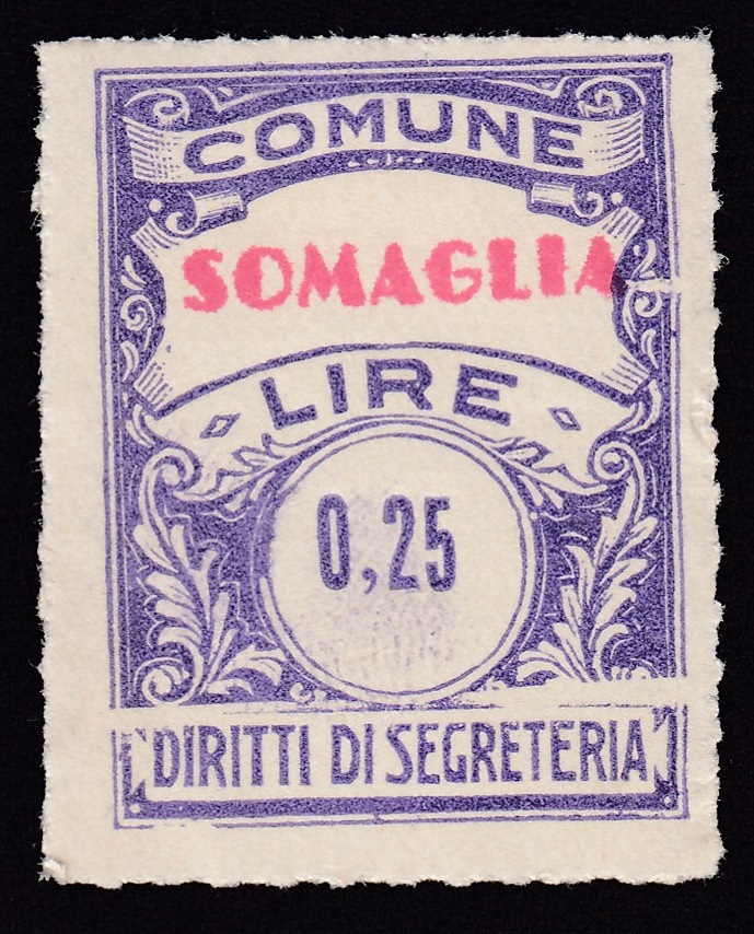 Marca da Bollo del Comune di SOMAGLIA su Carta Bianca Sottile di dimensioni 22 x 29 mm