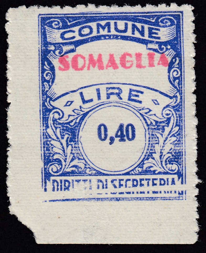 Marca da Bollo del Comune di SOMAGLIA su Carta Bianca di dimensioni 22 x 29 mm