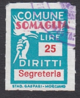 Marca da Bollo del Comune di SOMAGLIA su Carta Bianca di dimensioni 18,5 x 26 mm