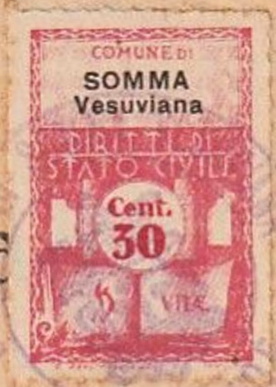 Marca da Bollo del Comune di SOMMA VESUVIANA su Carta Bianca Sottile di dimensioni 21 X 32 mm