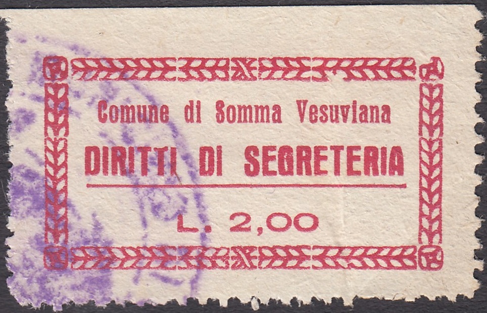 Marca da Bollo del Comune di SOMMA VESUVIANA su Carta Bianca di dimensioni 33 x 17 mm