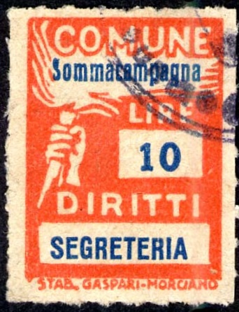 Marca da Bollo del Comune di SOMMACAMPAGNA su Carta Bianca di dimensioni 18,5 x 26,5 mm