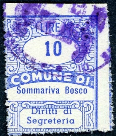 Marca da Bollo del Comune di SOMMARIVA DEL BOSCO su Carta Bianca di dimensioni 22,5 x 29 mm