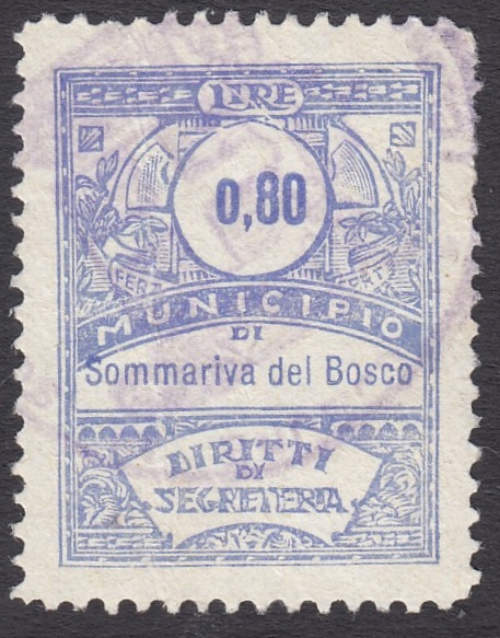 Marca da Bollo del Comune di SOMMARIVA DEL BOSCO su Carta Bianca di dimensioni 23 X 33 mm