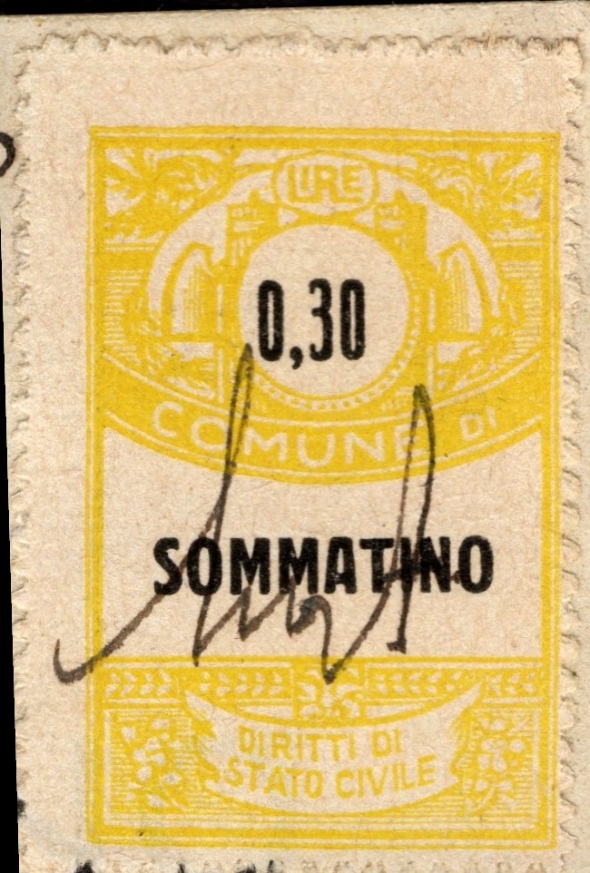 Marca da Bollo del Comune di SOMMATINO su Carta Bianca di dimensioni 27 X 36 mm