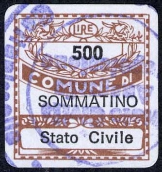 Marca da Bollo del Comune di SOMMATINO su Carta Bianca di dimensioni 19 x 21 mm